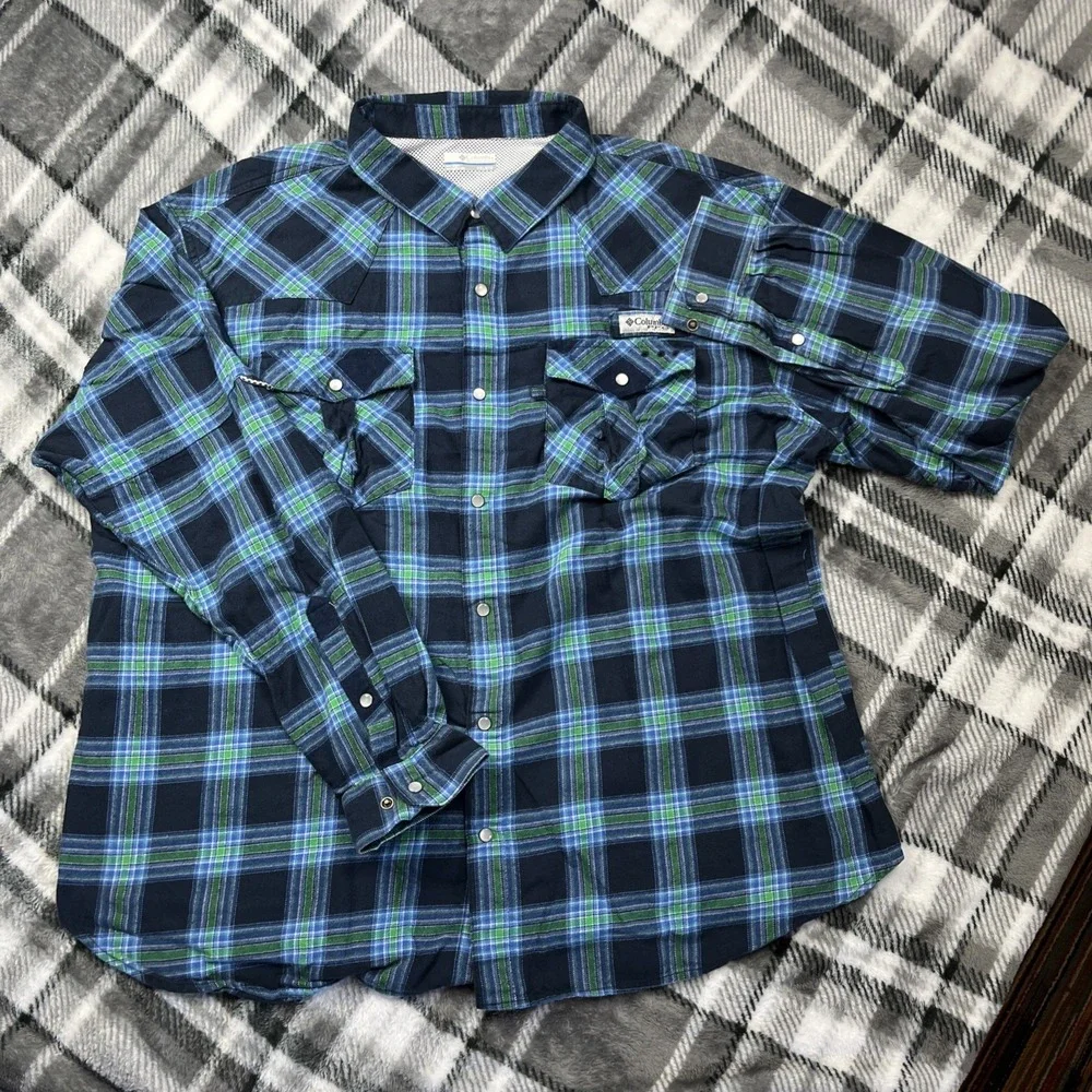 Columbia‎ PFG Pearl Snap Vented Long Sleeve Flannel Shirt Mens XXL Blue Plaid